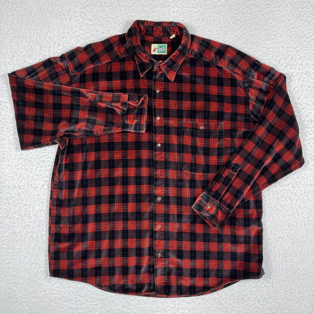 Johnny Cotton Button Down Shirt Mens XL Red Black Plaid Velvet Corduroy USA Made